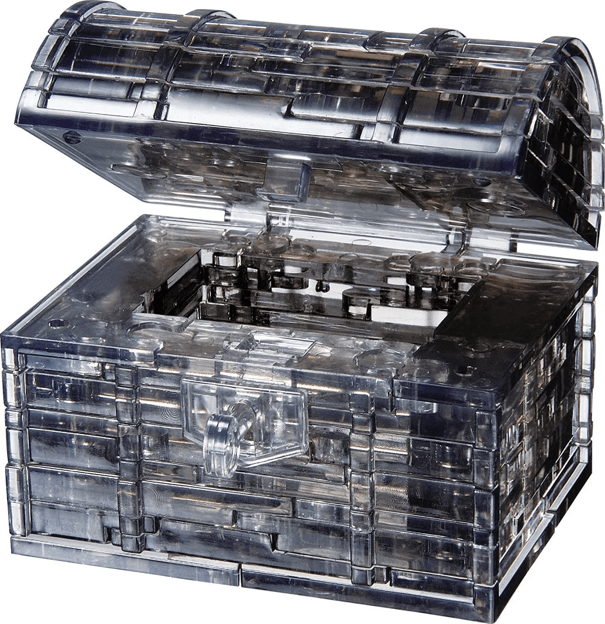 Crystal puzzle treasure chest, clear black case with open lid and puzzle interior