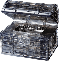 Crystal puzzle treasure chest, clear black case with open lid and puzzle interior