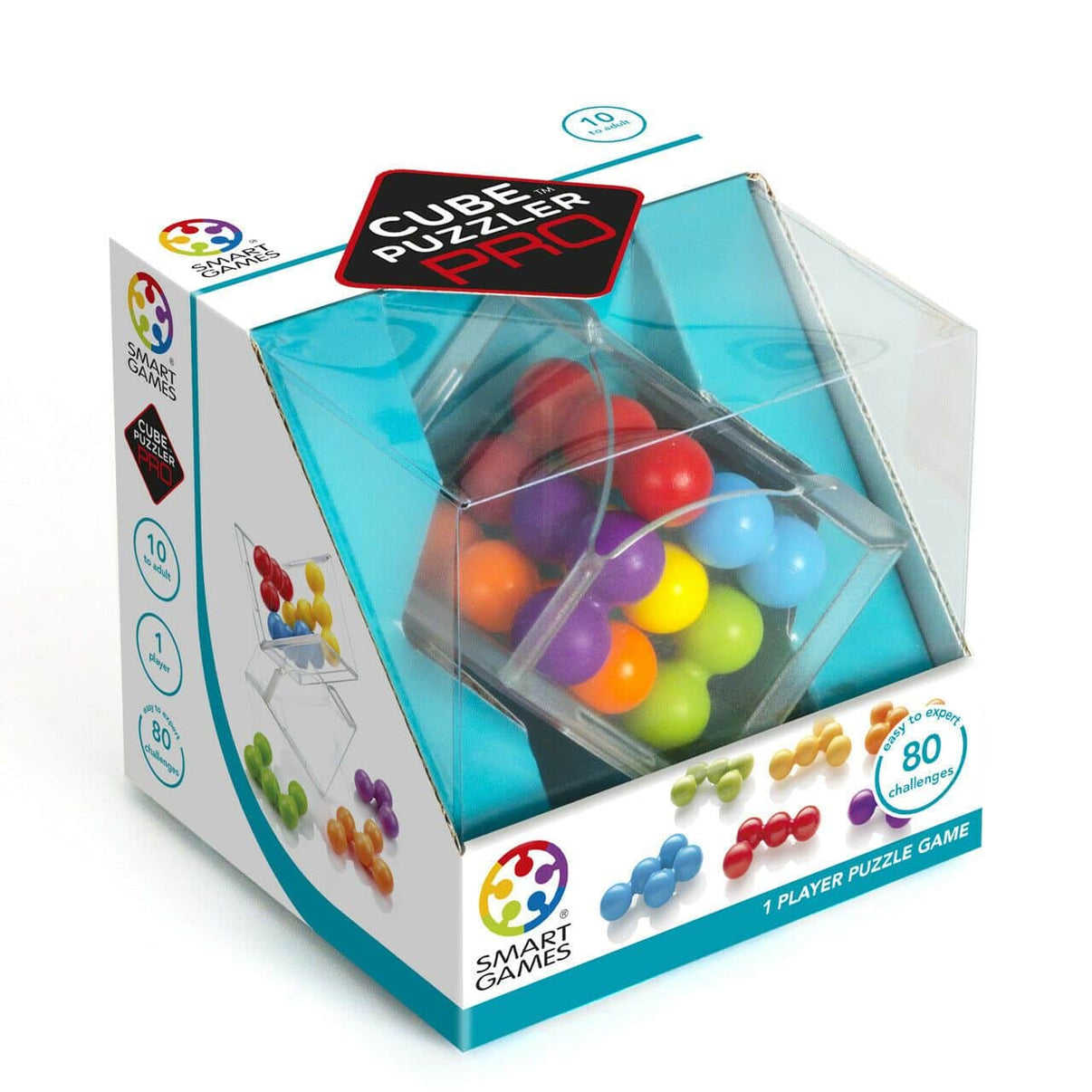 Cube puzzle game set in retail box with clear cube and colorful ball pieces