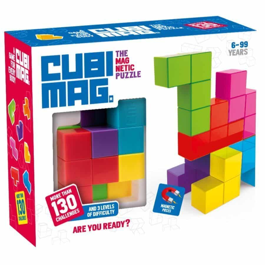 Magnetic puzzle game box with multicolor cube set, ages 6–99