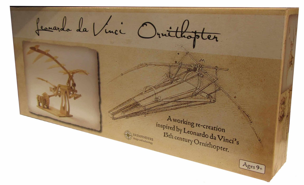 Da Vinci Ornithopter wooden kit box front with blueprint-style graphics