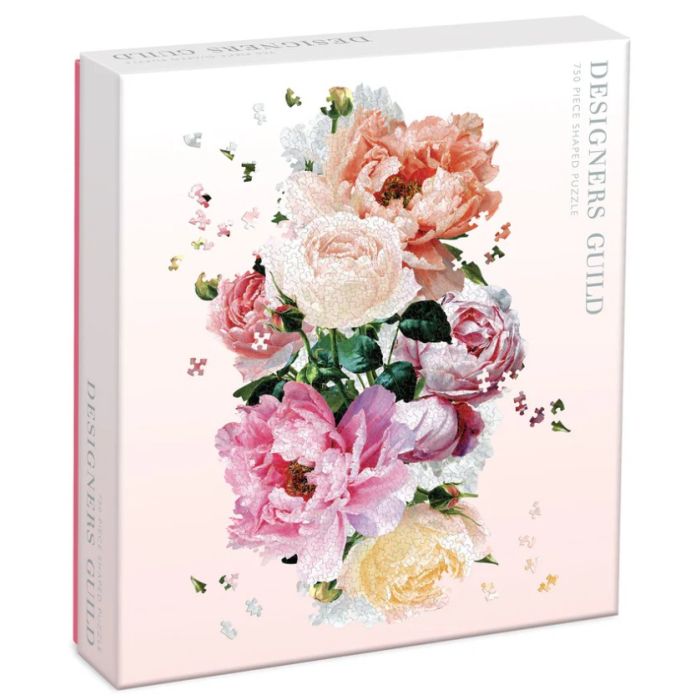 Designers Guild floral shaped puzzle box, pink and peach roses artwork