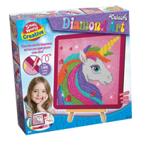 Diamond Art unicorn mosaic kit box with colorful unicorn design and easel