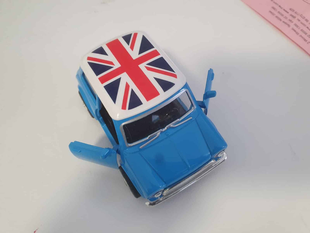 Die-cast pull-back Mini Cooper toy car, blue with Union Jack roof, three-quarter view