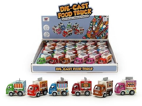 Assorted die-cast pullback food truck toy set with six miniature trucks