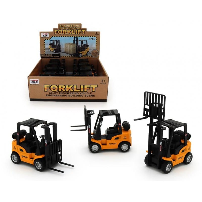 Die-cast pullback forklift toy set, orange and black, three models with forks