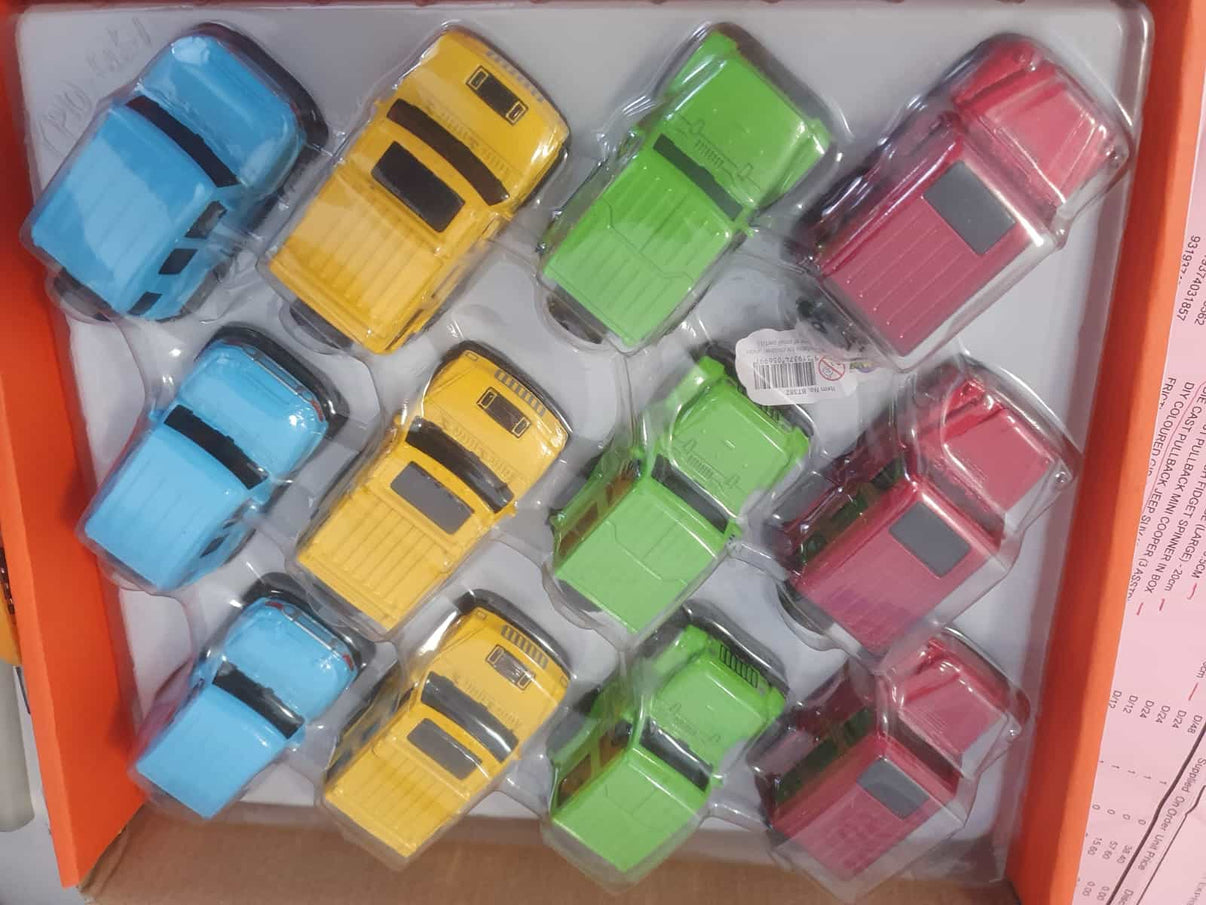 Die-cast pullback SUV toy set in blister tray, assorted colors: blue, yellow, green, pink.