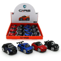 Assorted die-cast pullback racer cars, 7 cm, multiple colors in a display tray