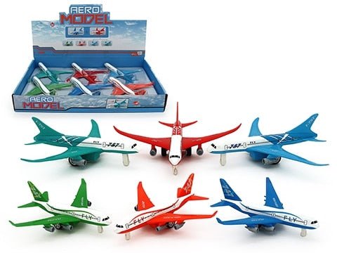 Diecast pullback jet plane set with red, blue, and green planes on display