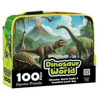 Dinosaur World 100-piece jigsaw puzzle and insulated lunch bag in package
