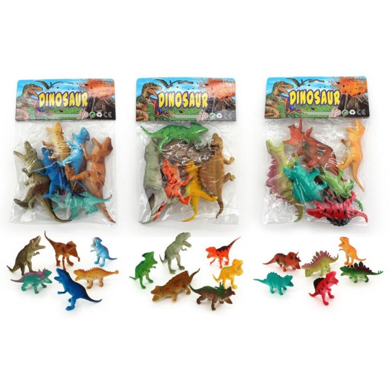 Dinosaur toy figures set, colorful plastic-bag packaged dinosaurs with loose figures