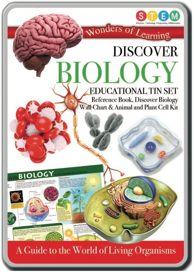 Biology educational tin set with reference book and wall chart; cell kit included