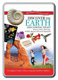 Earth educational tin set with book, wall chart, mineral kit and crystal digging tools