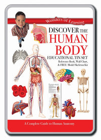 Human body educational tin set with anatomy reference book and skeleton model