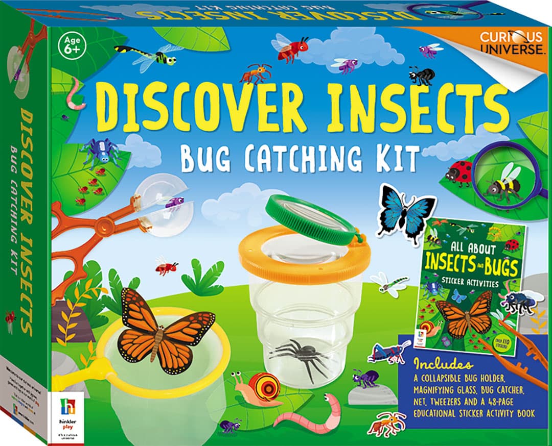 Insects bug catching kit box with illustrated collector tools and stickers