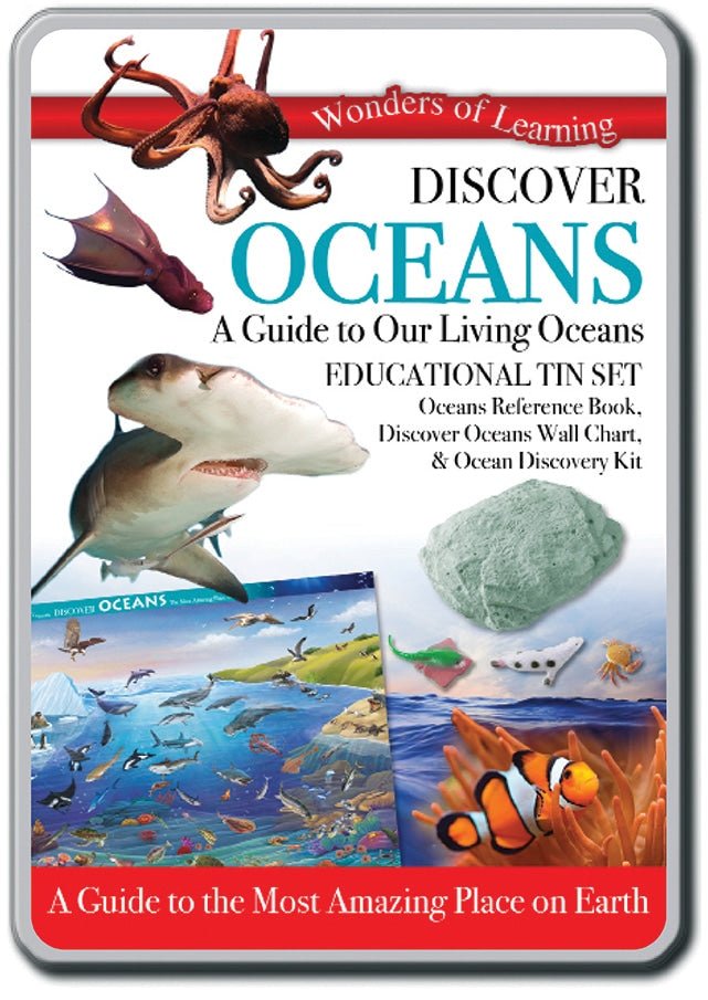 Oceans educational tin set, front lid with whales, sharks and ocean collage