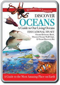 Oceans educational tin set, front lid with whales, sharks and ocean collage