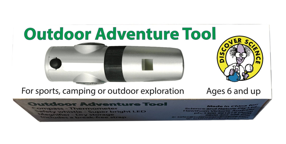 Outdoor adventure tool set box with printed badge and tool illustration