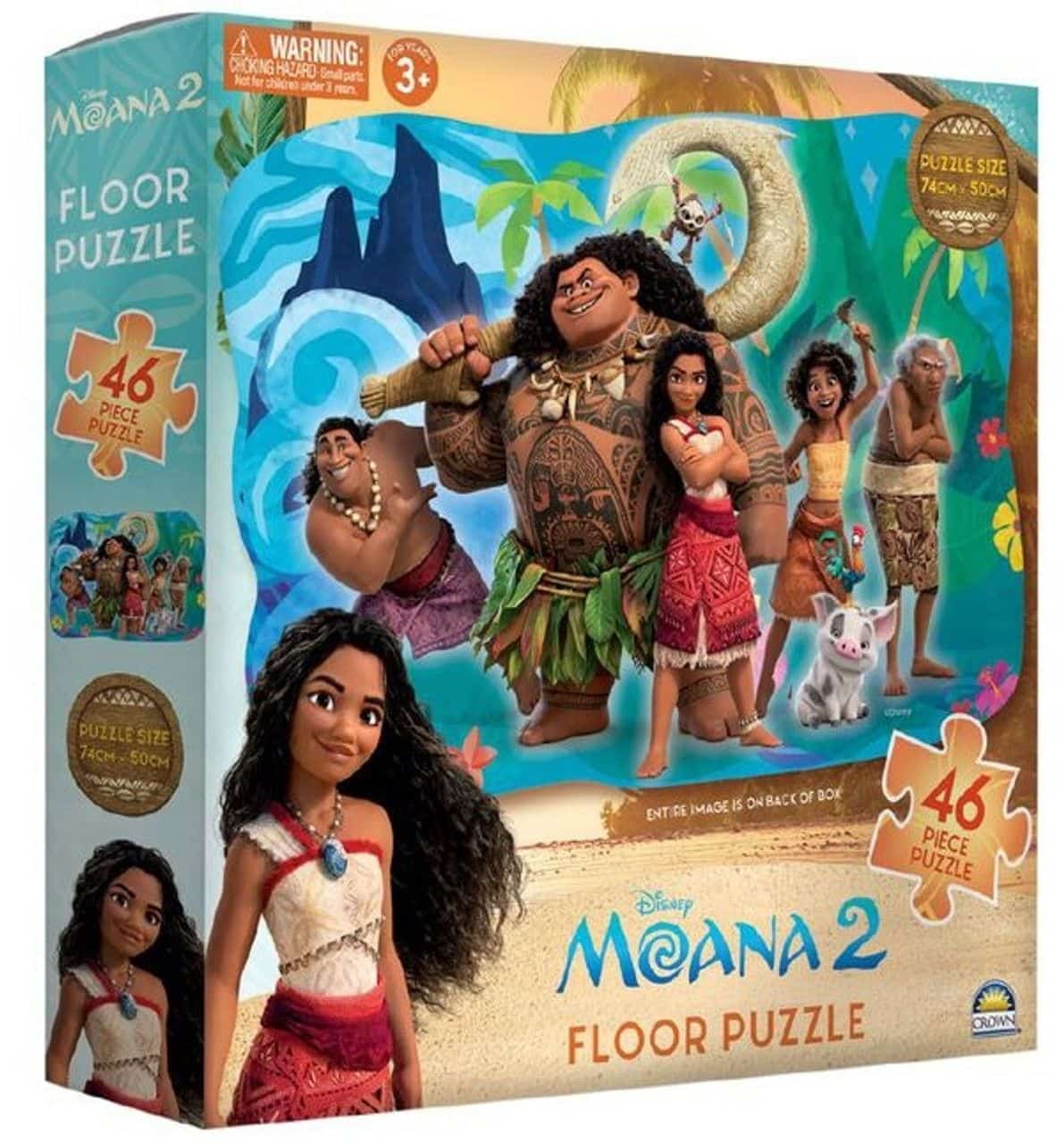 Moana 2 floor puzzle box with illustrated characters and 46-piece puzzle badge