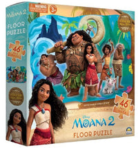 Moana 2 floor puzzle box with illustrated characters and 46-piece puzzle badge