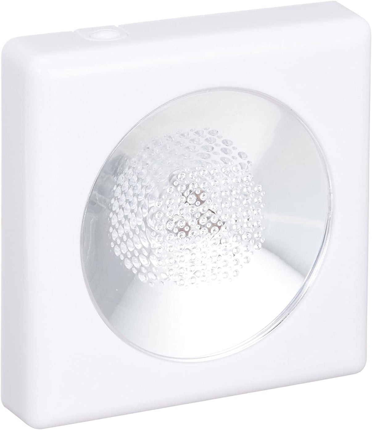 White display light with round clear window showing a crystal base inside