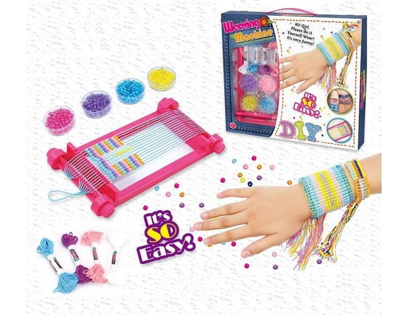DIY bracelet kit with beading loom, colorful beads, and cord strands