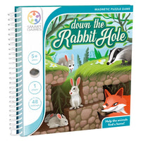 Magnetic puzzle game box titled 'Down the Rabbit Hole' with rabbit and fox