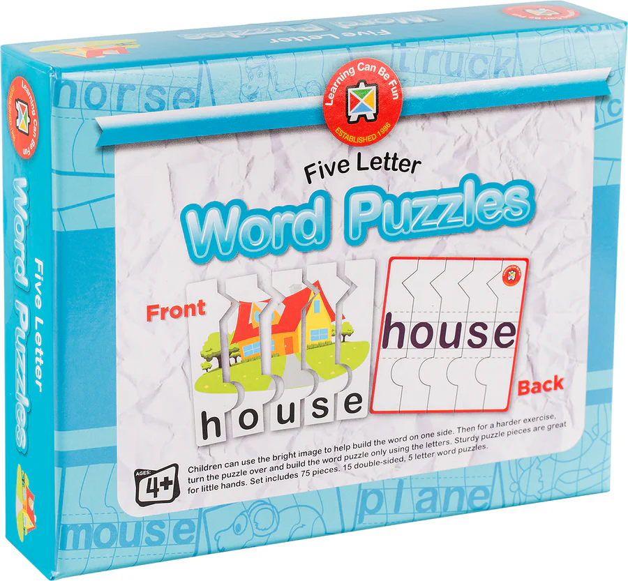 Box of Five Letter Word Puzzles educational game with colorful graphics and text.