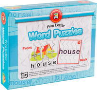 Box of Five Letter Word Puzzles educational game with colorful graphics and text.