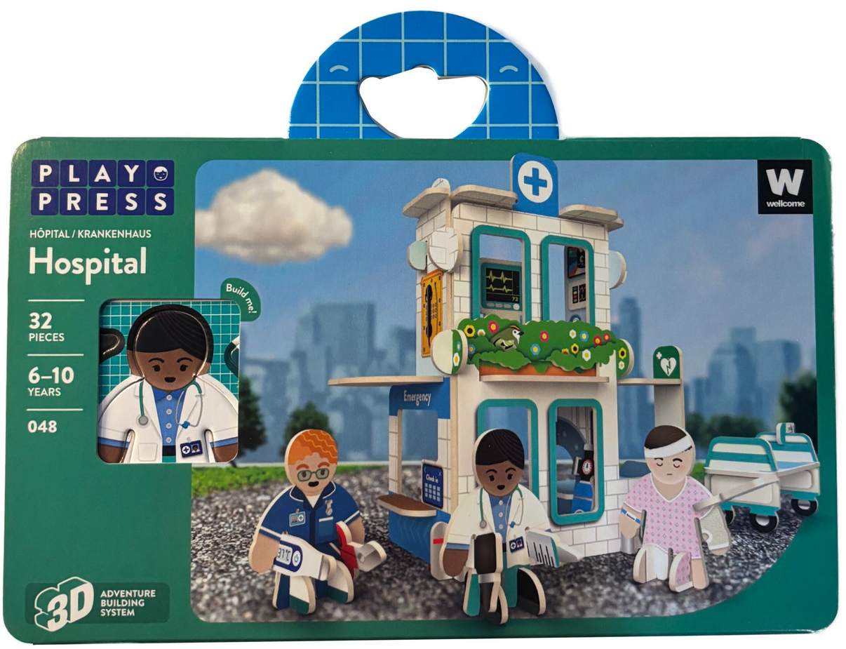 Playset packaging of a hospital with figures and cityscape background
