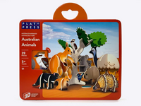 Play Press Australian Animals toy set packaging with various animals and a tree.