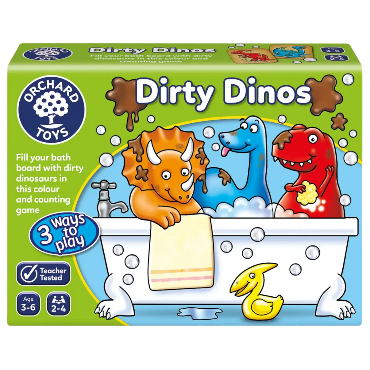 Box of Orchard Toys Dirty Dinos game with colorful dinosaurs in a bathtub.