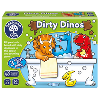 Box of Orchard Toys Dirty Dinos game with colorful dinosaurs in a bathtub.