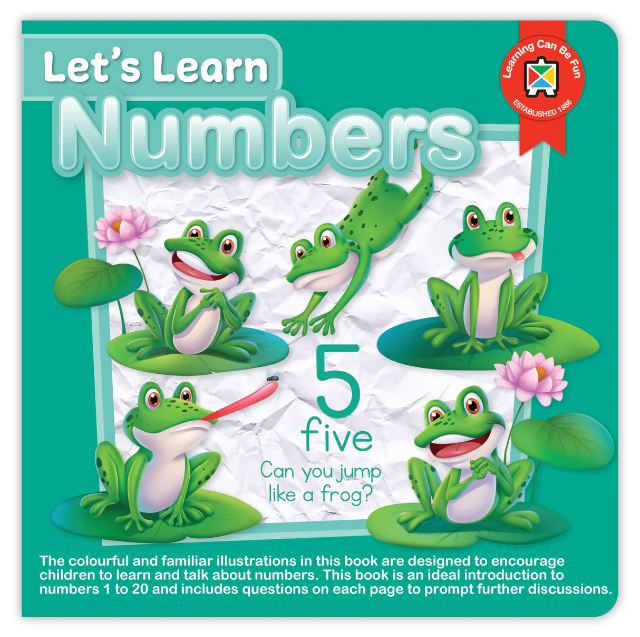 Book cover of 'Let's Learn Numbers' with frogs and number 5 on a teal background