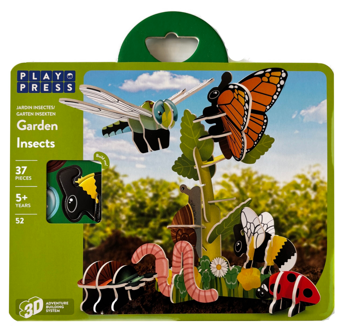 Play Press Garden Insects toy set packaging with colorful illustrations of insects on a green background.
