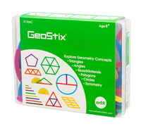 Geostix packaging with colorful sticks and geometric shapes on a green background