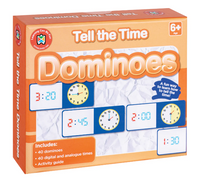 Box of 'Tell the Time Dominoes' educational game for learning time.