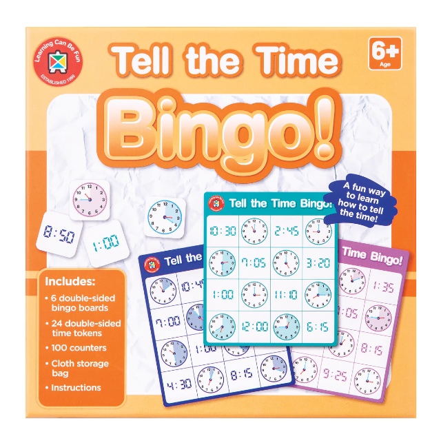 Bingo game set for teaching time with colorful design and text 'Tell the Time Bingo!'.