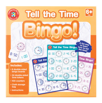 Bingo game set for teaching time with colorful design and text 'Tell the Time Bingo!'.