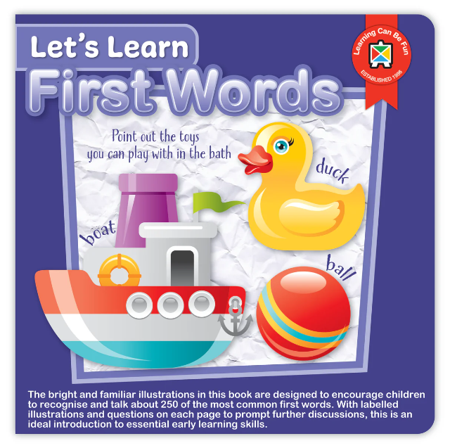 Children's book titled 'Let's Learn First Words' with illustrations of bath toys on a blue background.