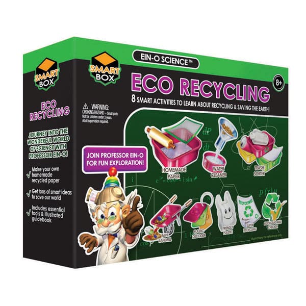 Eco recycling smart box kit packaging with activity graphics and character illustration