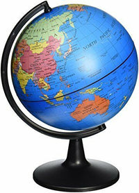 Swivel political globe with blue world map on a black stand, showing continents.