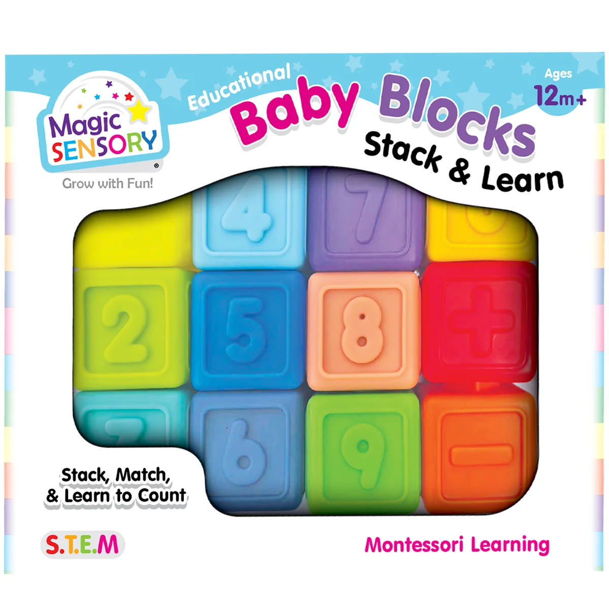 Front view of baby stacking blocks set in box window with number cubes