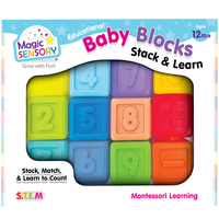 Front view of baby stacking blocks set in box window with number cubes