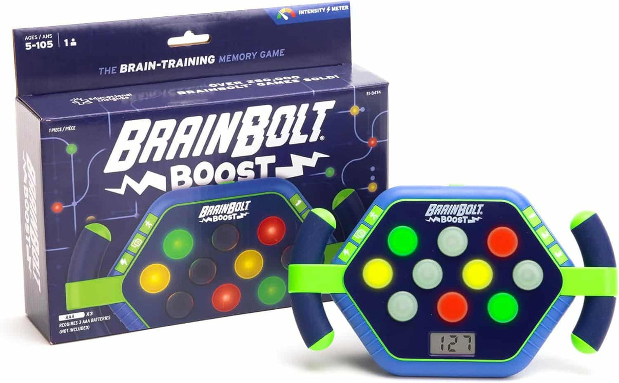 Electronic memory game set with controller and BrainBolt Boost box, colored light buttons