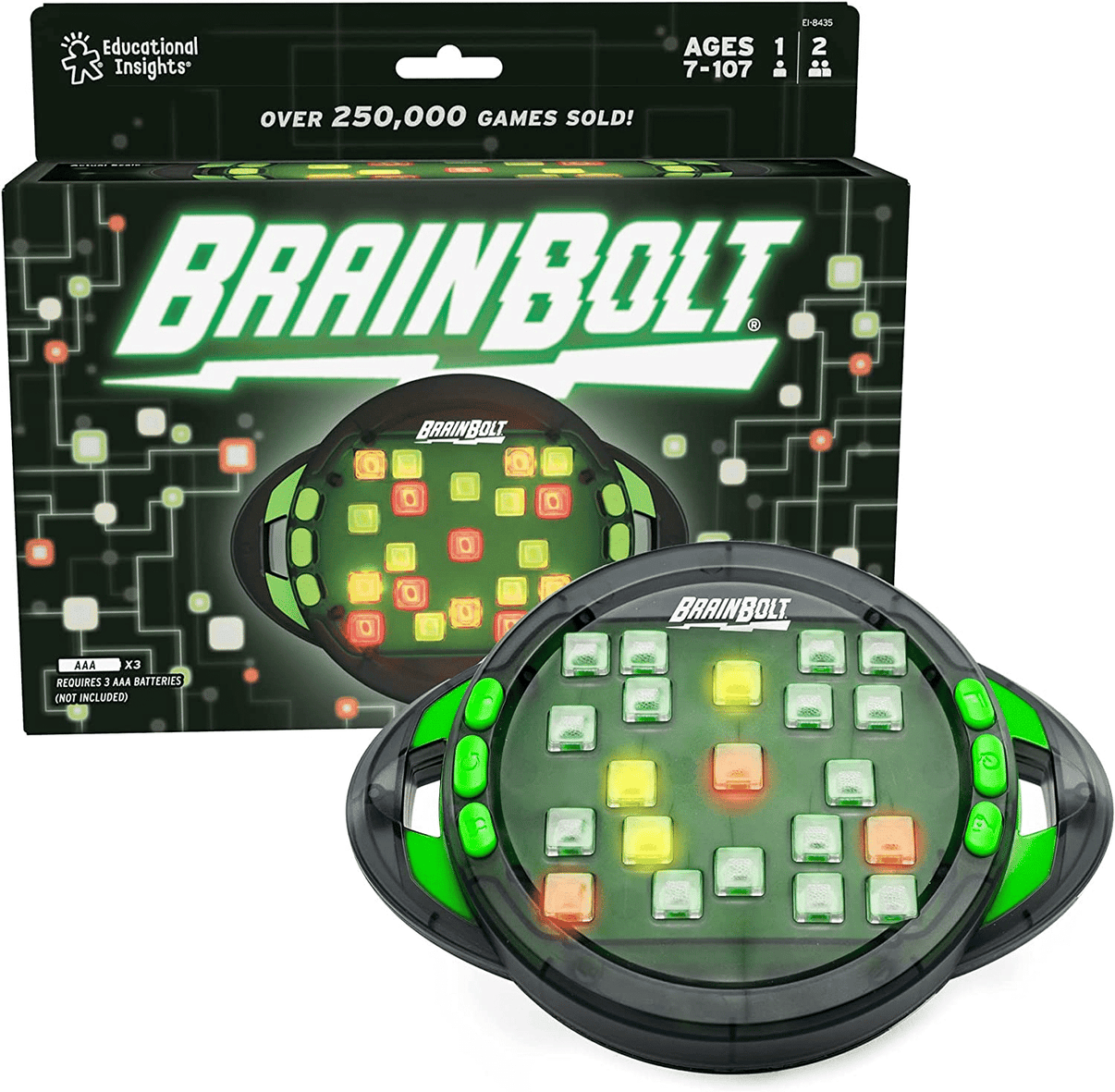 Light-up memory game device with glowing green tiles in a round black frame
