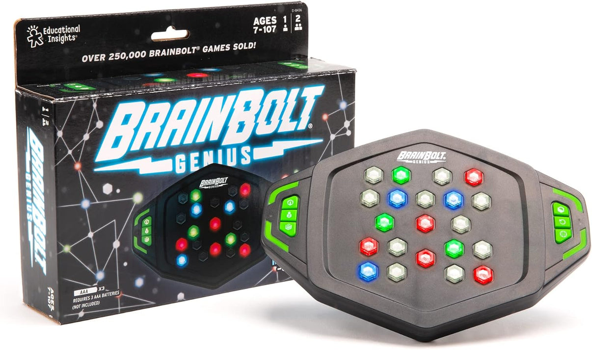 Brainbolt Genius memory game box with light-up controller, hexagonal design