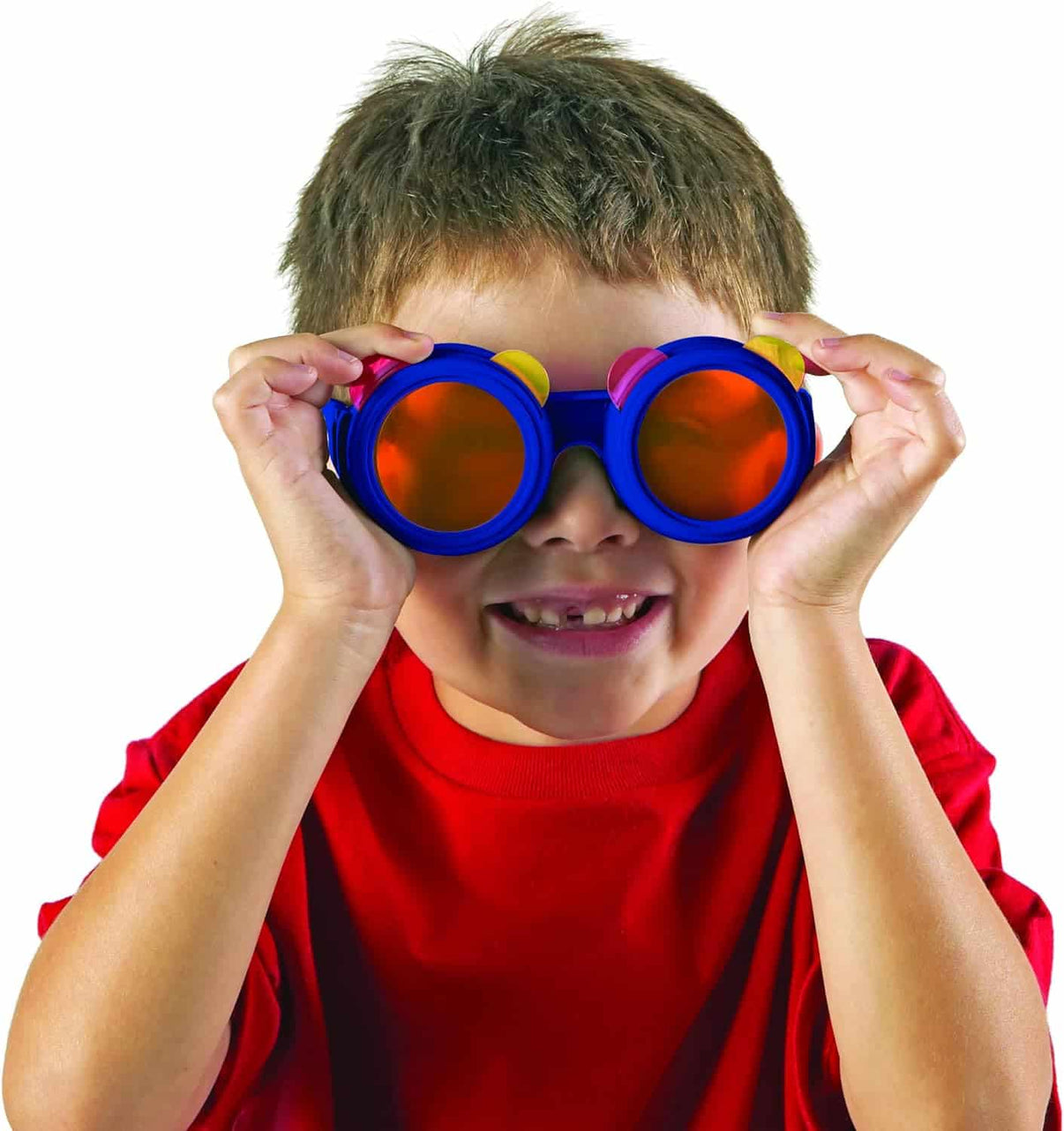 Blue color-mixing glasses with red lenses, worn by a child.