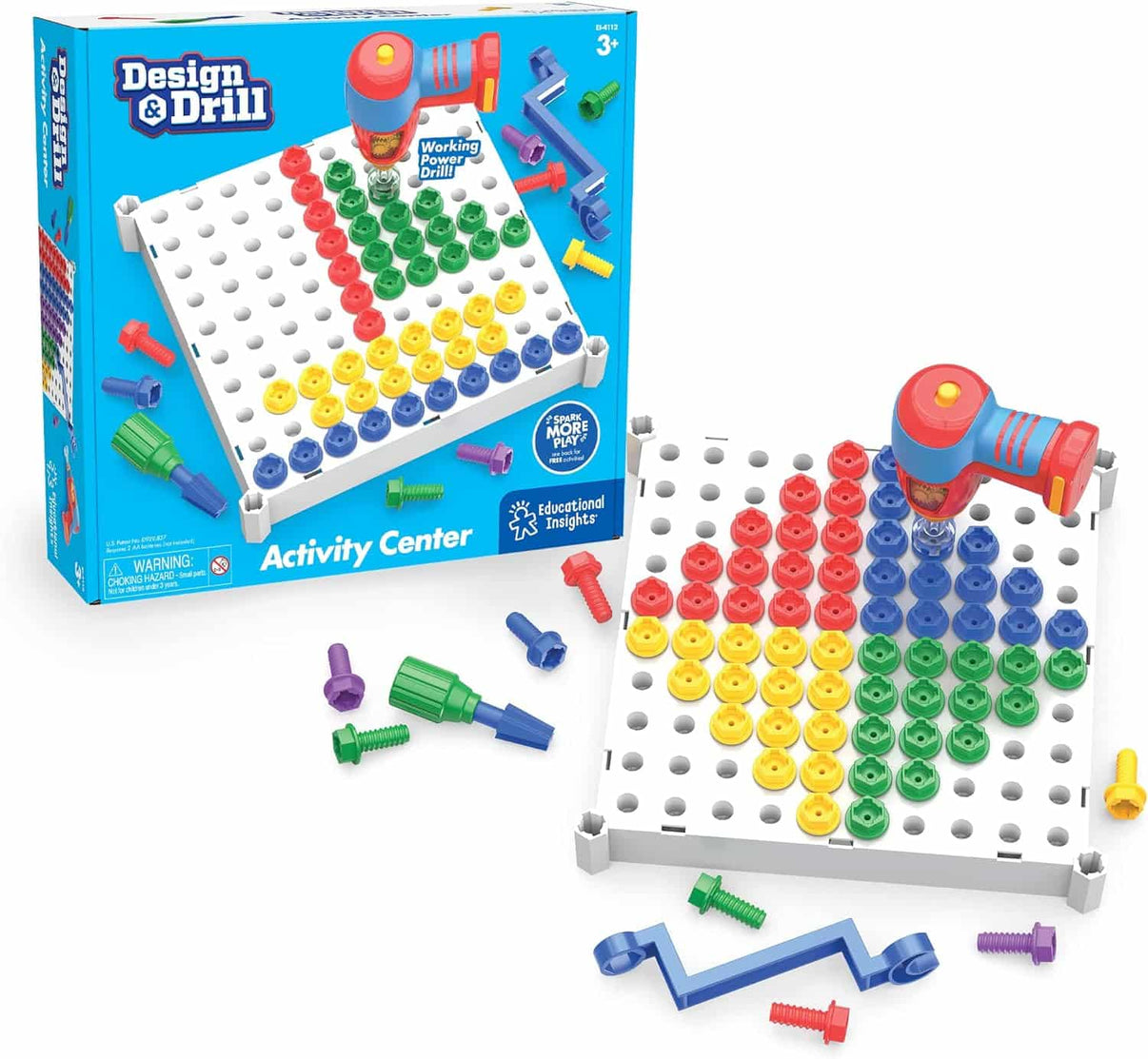 Design & Drill activity center with white pegboard, colored pegs, and toy drill tools