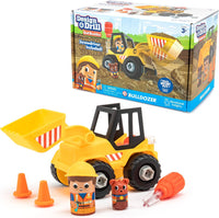 Yellow Bolt Buddies bulldozer toy with screwdriver accessory, orange cones, in box